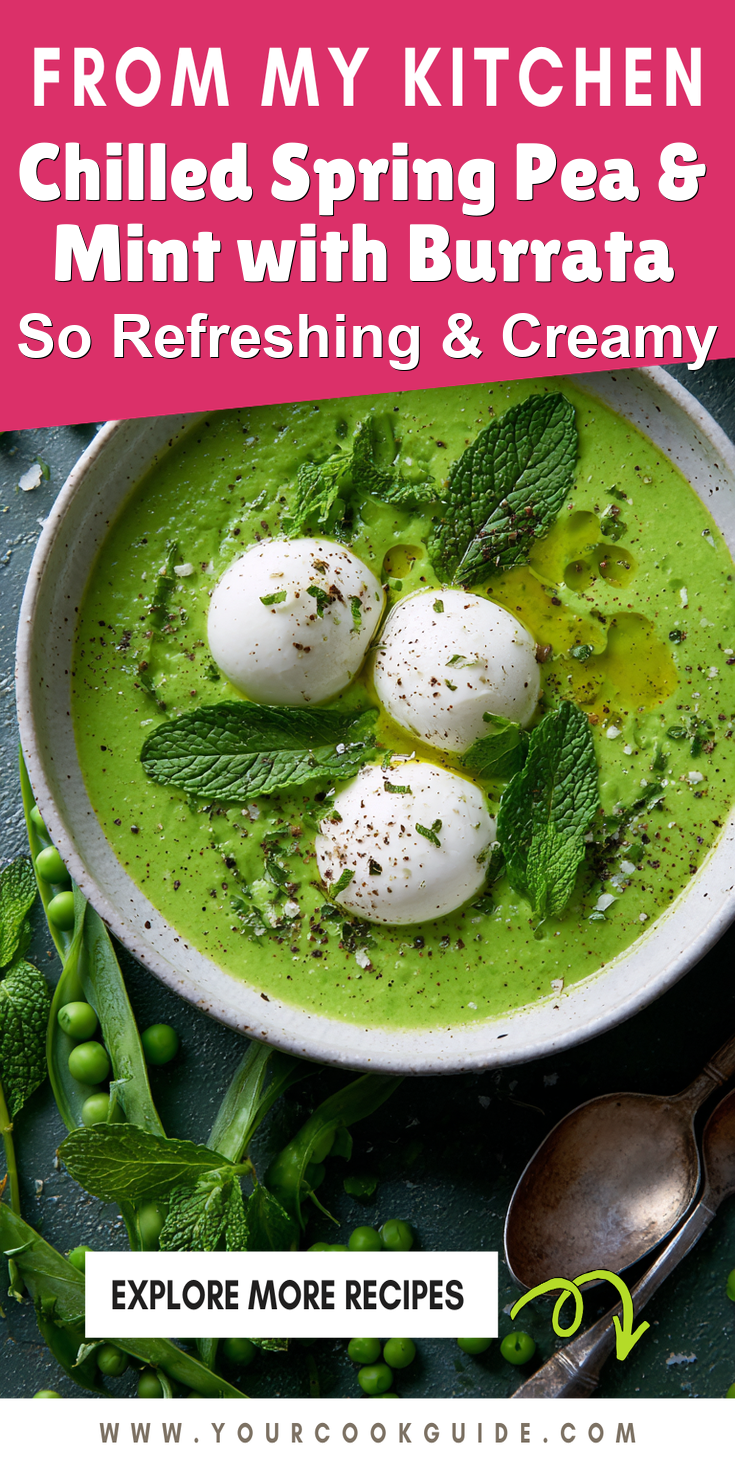 Chilled Spring Pea & Mint with Burrata served warm with cozy spices