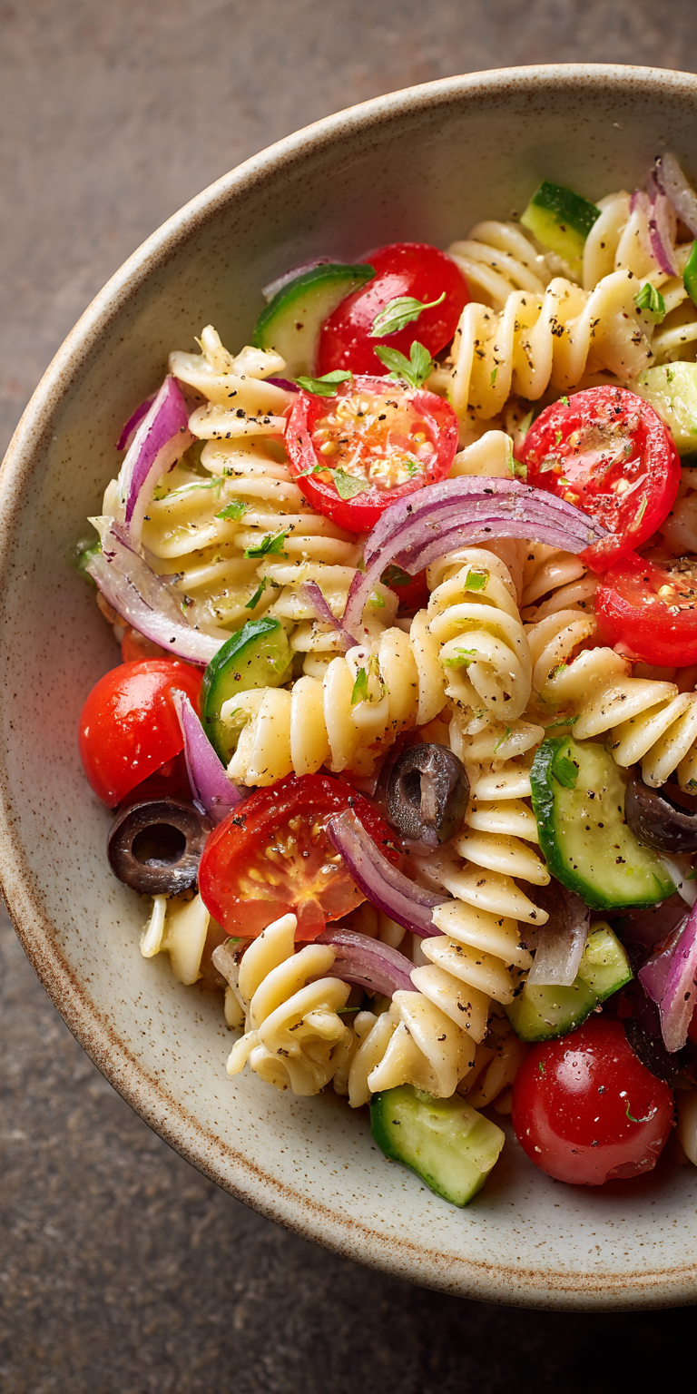 Classic Italian Dressing Easy Pasta Salad served warm with cozy spices