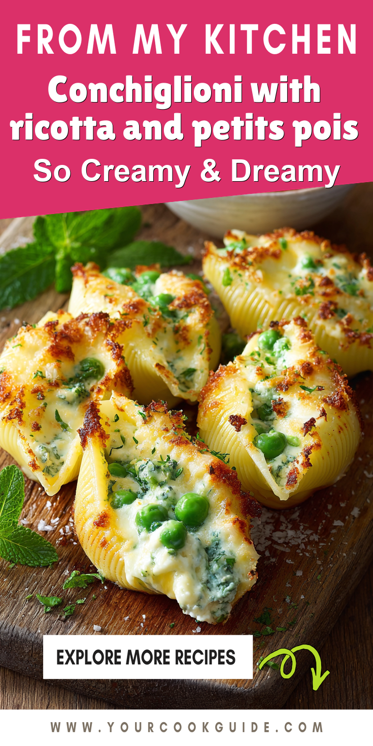 Conchiglioni with ricotta and petits pois served warm with cozy spices