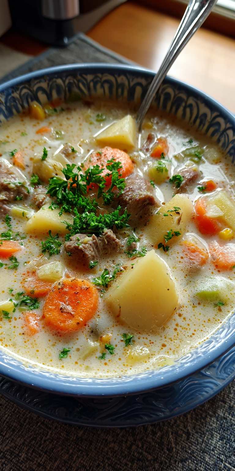 Corned Beef Potato Soup Chowder served warm with cozy spices