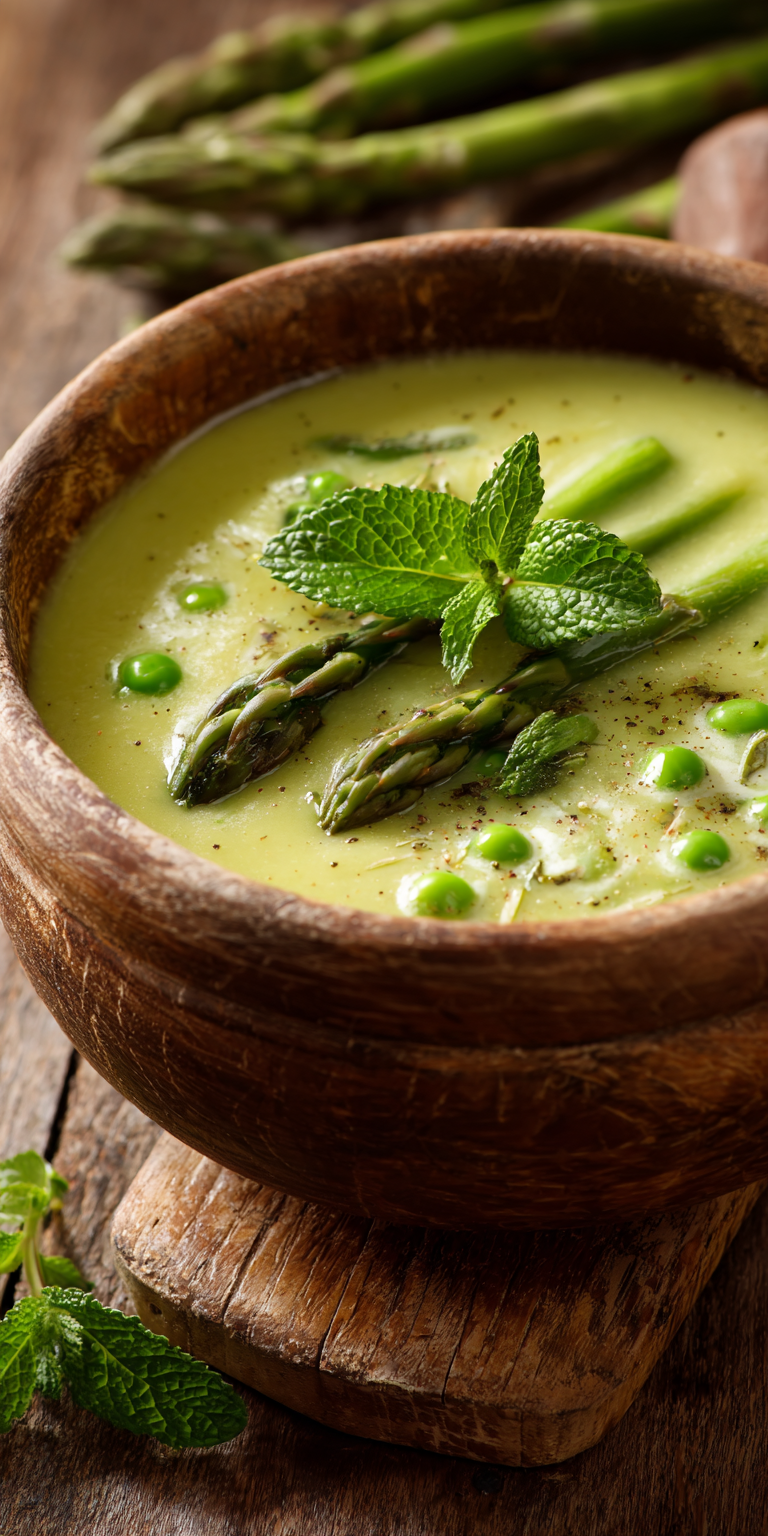 Creamy Asparagus and Pea Spring Soup served warm with cozy spices