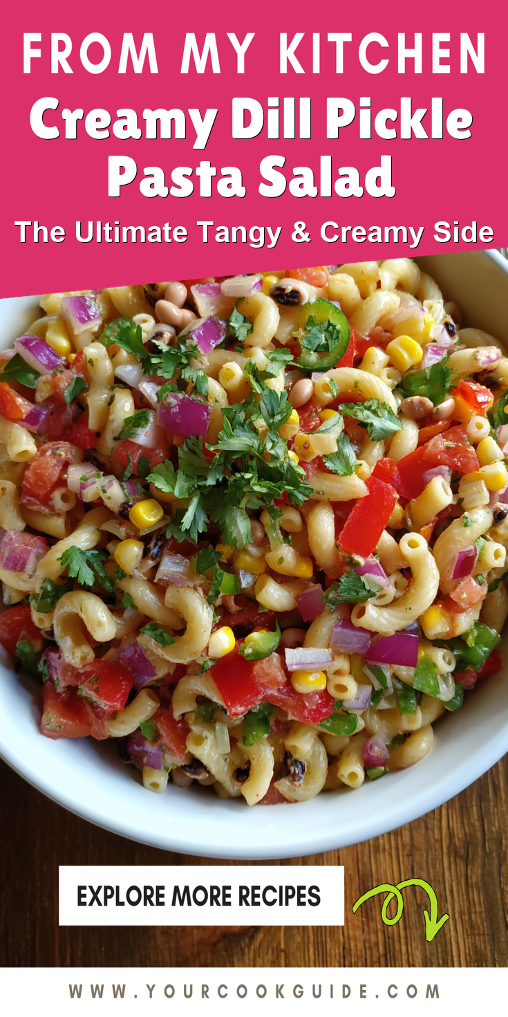 Creamy Dill Pickle Pasta Salad served warm with cozy spices