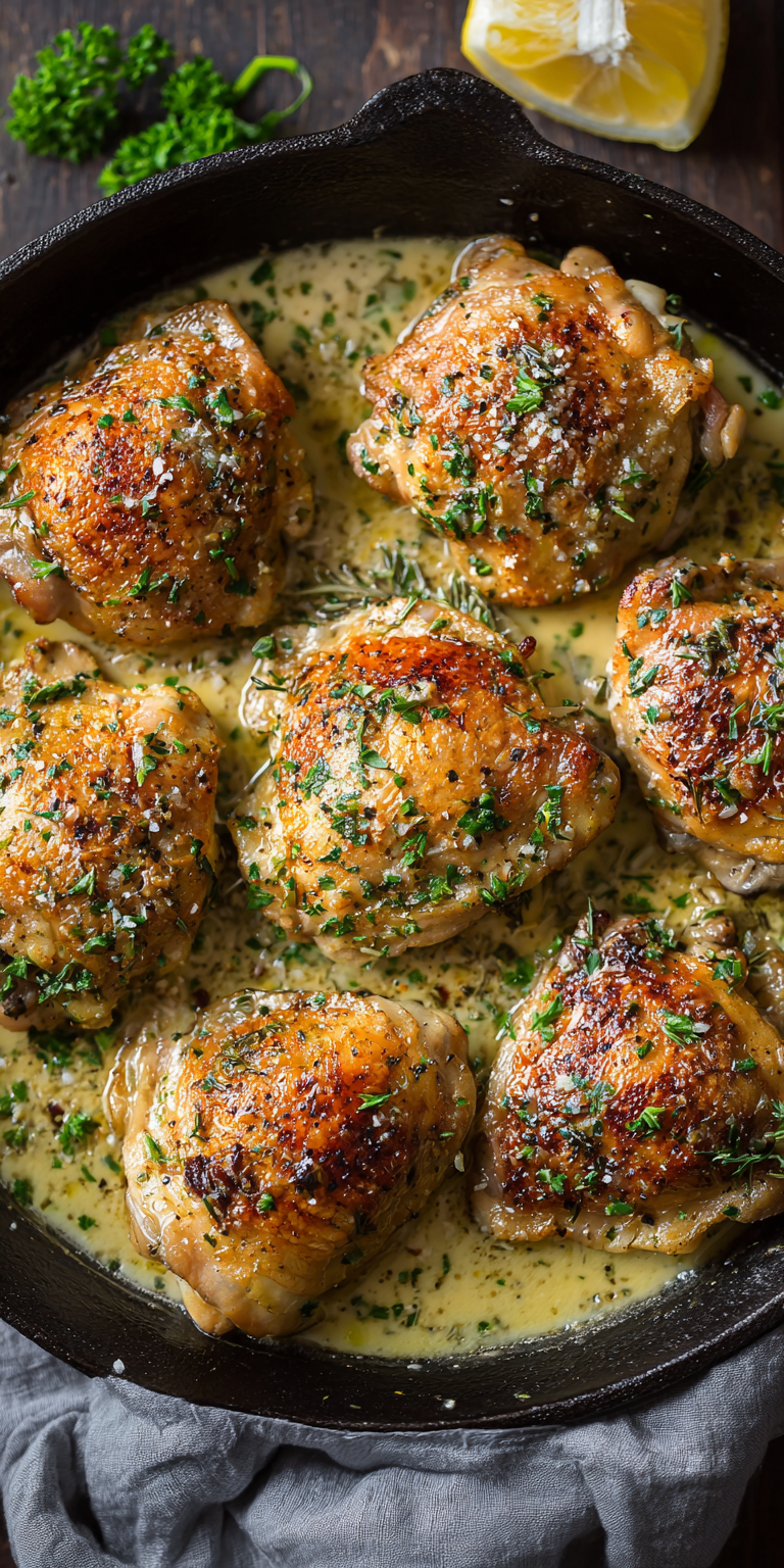 Creamy Garlic Butter Easy Chicken Thighs served warm with cozy spices
