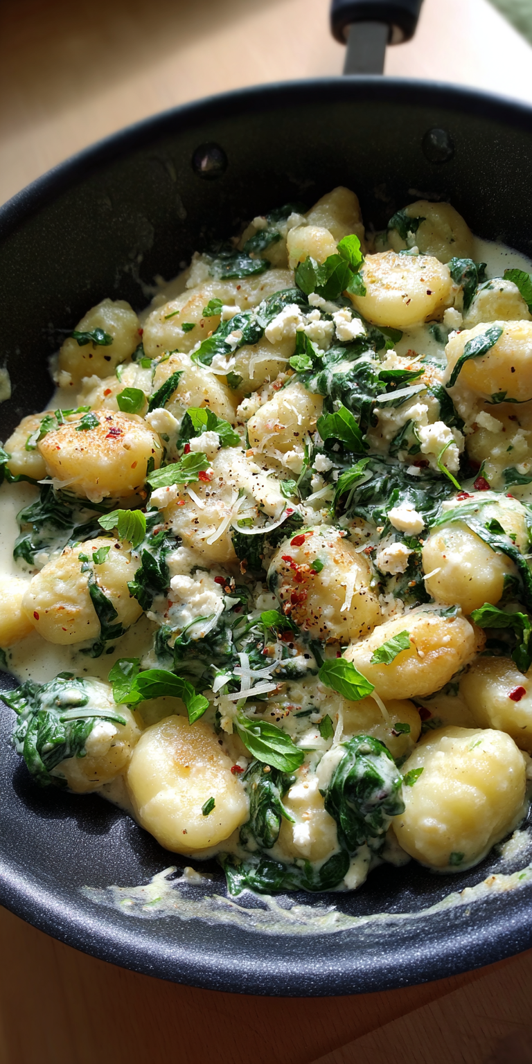 Creamy Gnocchi with Spinach and Feta served warm with cozy spices