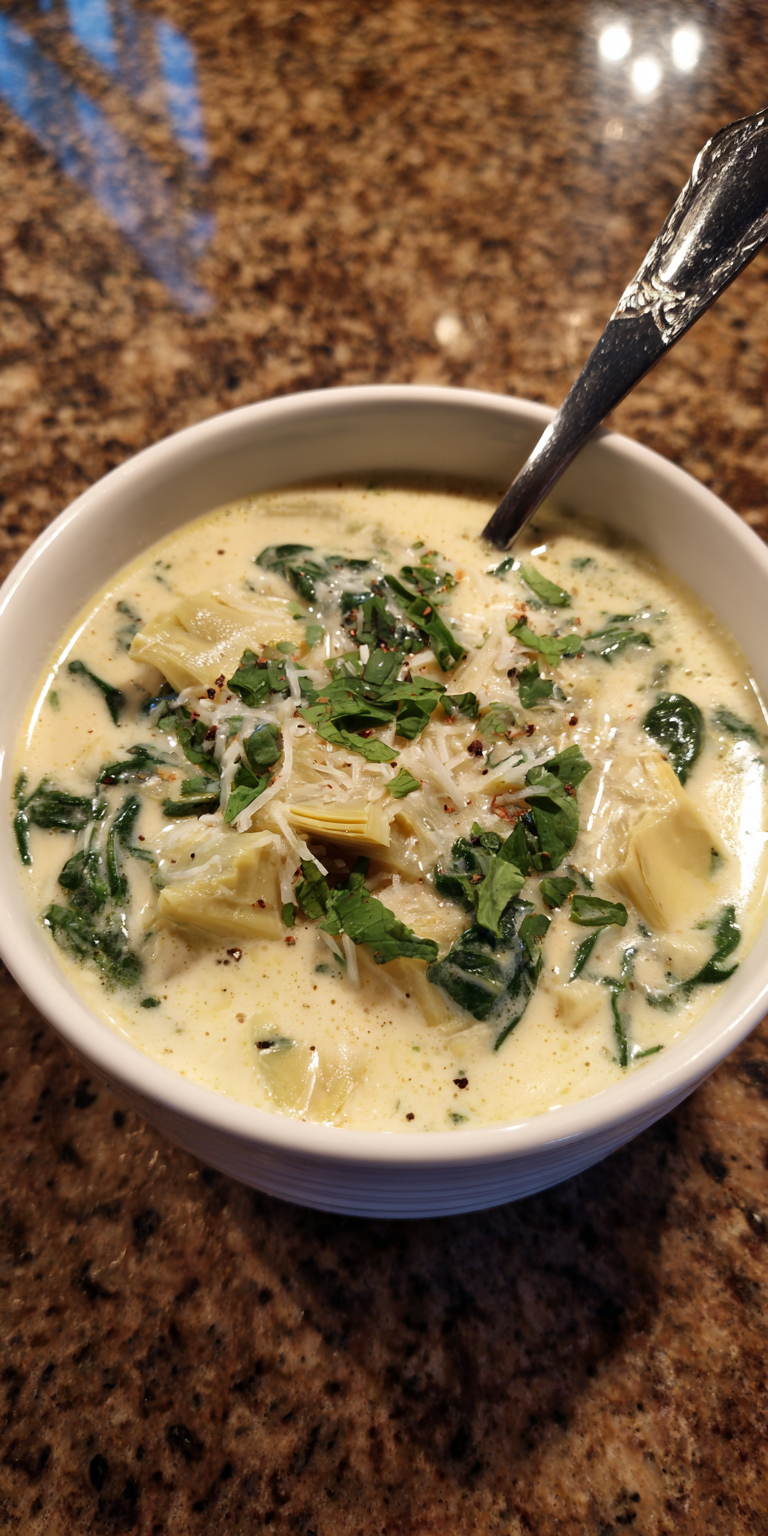 Creamy Spinach and Artichoke Soup served warm with cozy spices