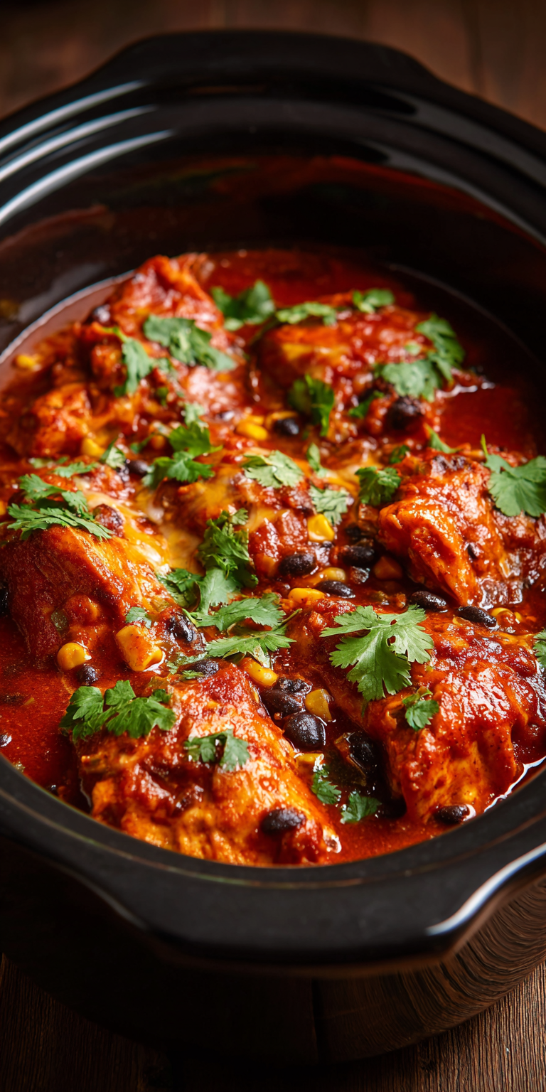 Crockpot Chicken Enchilada Casserole served warm with cozy spices