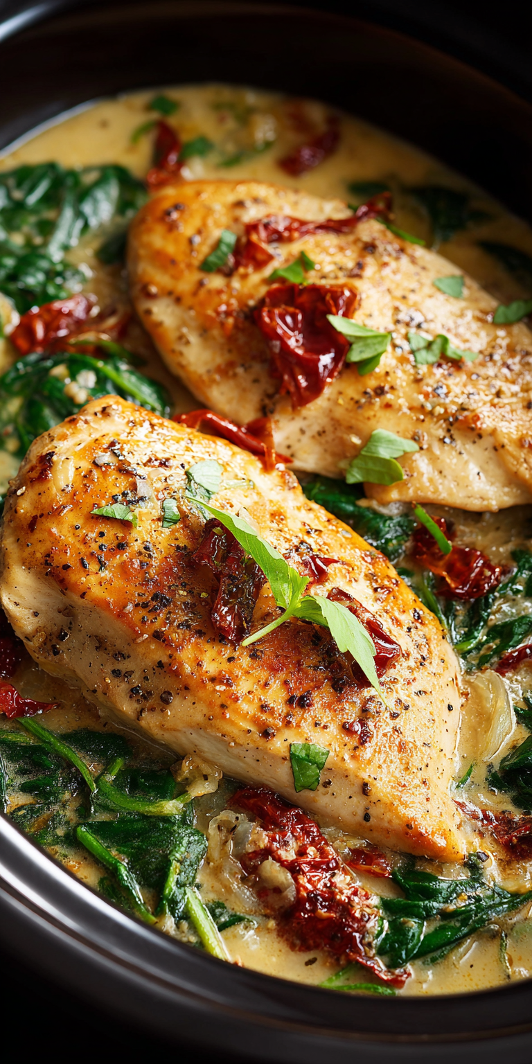Crockpot Tuscan Chicken with Spinach served warm with cozy spices