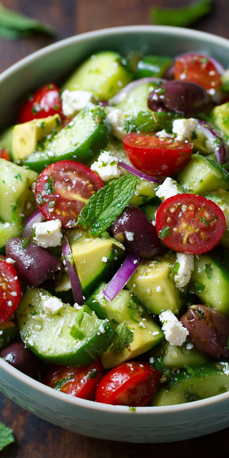 Cucumber Avocado Mediterranean Salad served warm with cozy spices