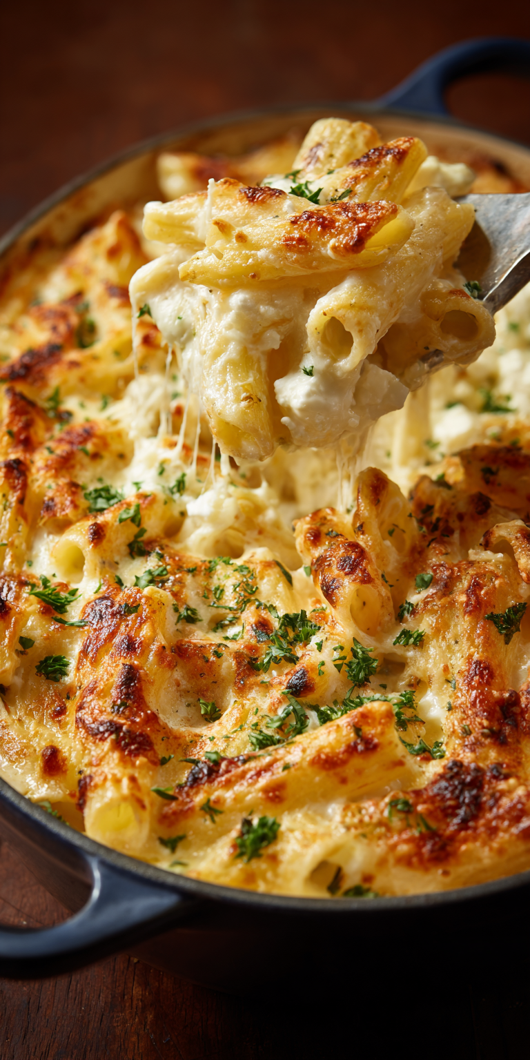 Four Cheese Creamy Pasta Bake served warm with cozy spices
