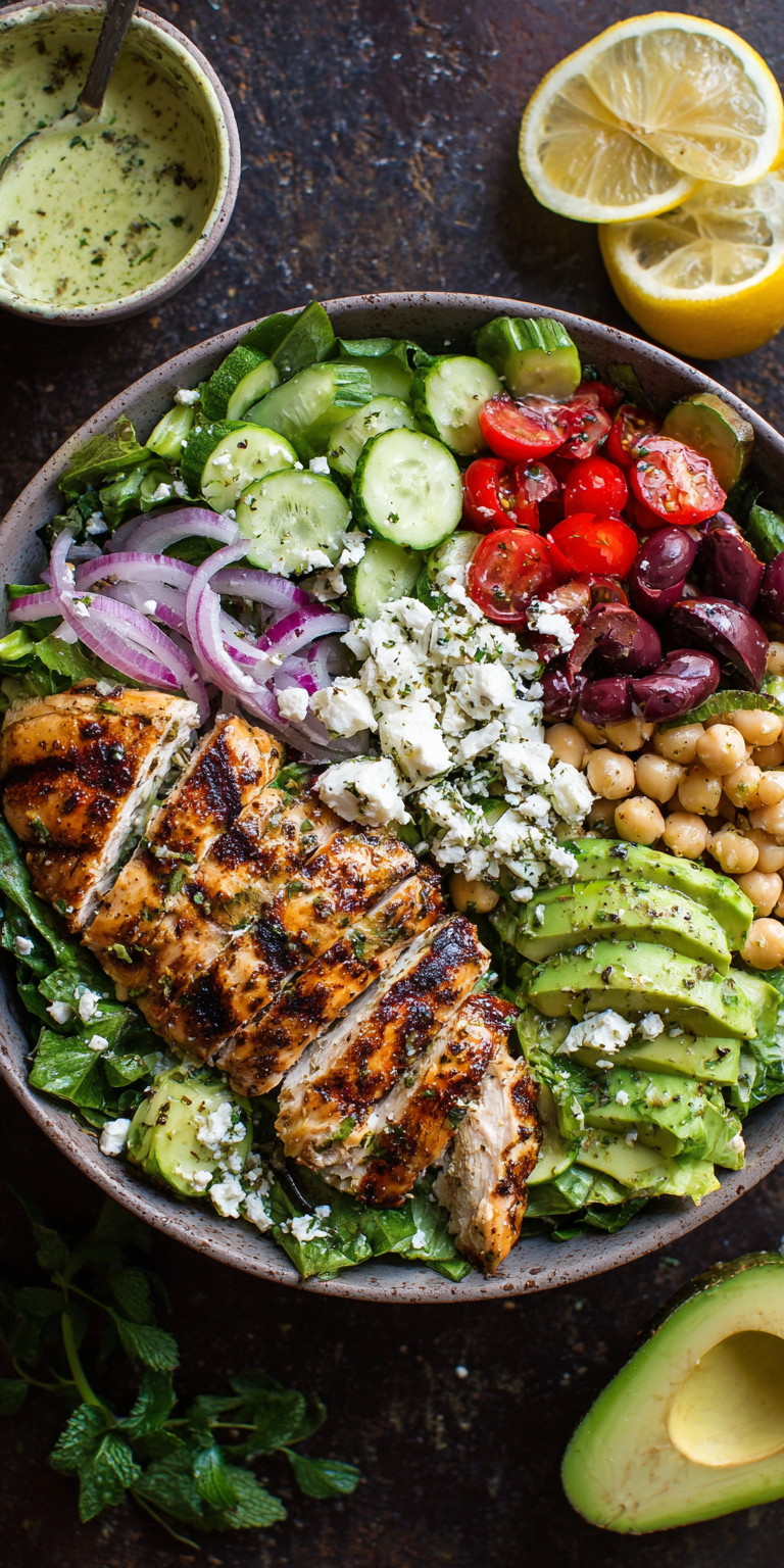 Grilled Chicken and Avocado Mediterranean Bowl served warm with cozy spices