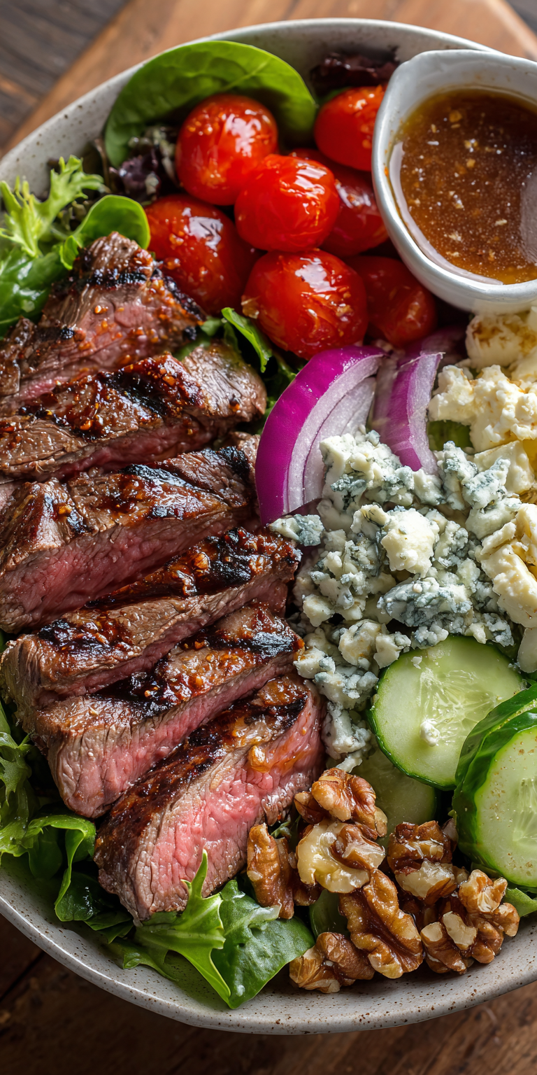Grilled Steak and Blue Cheese Salad Bowl served warm with cozy spices