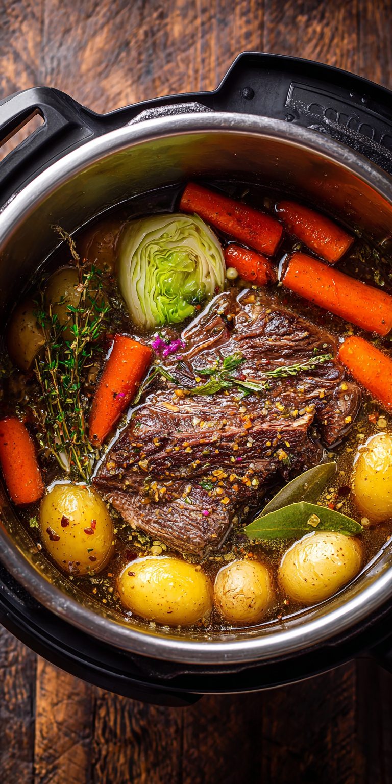 Instant Pot Corned Beef Brisket Dinner served warm with cozy spices