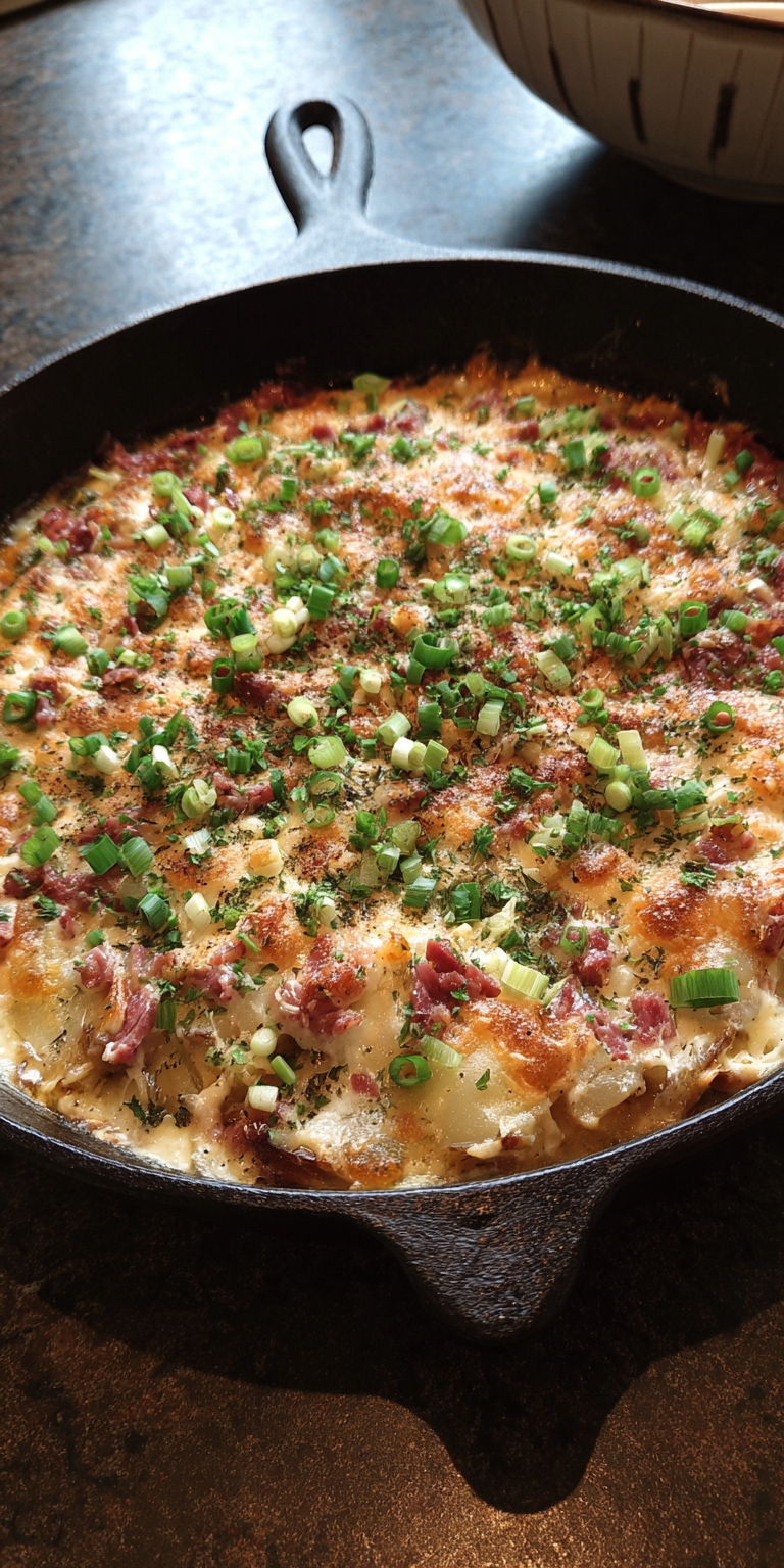 Irish Cast Iron Skillet Corned Beef Colcannon Casserole served warm with cozy spices