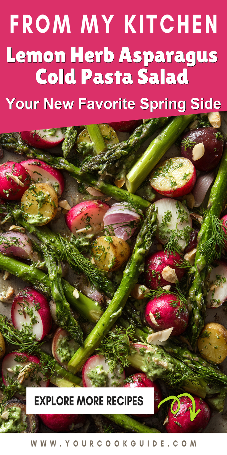 Lemon Herb Asparagus Cold Pasta Salad served warm with cozy spices