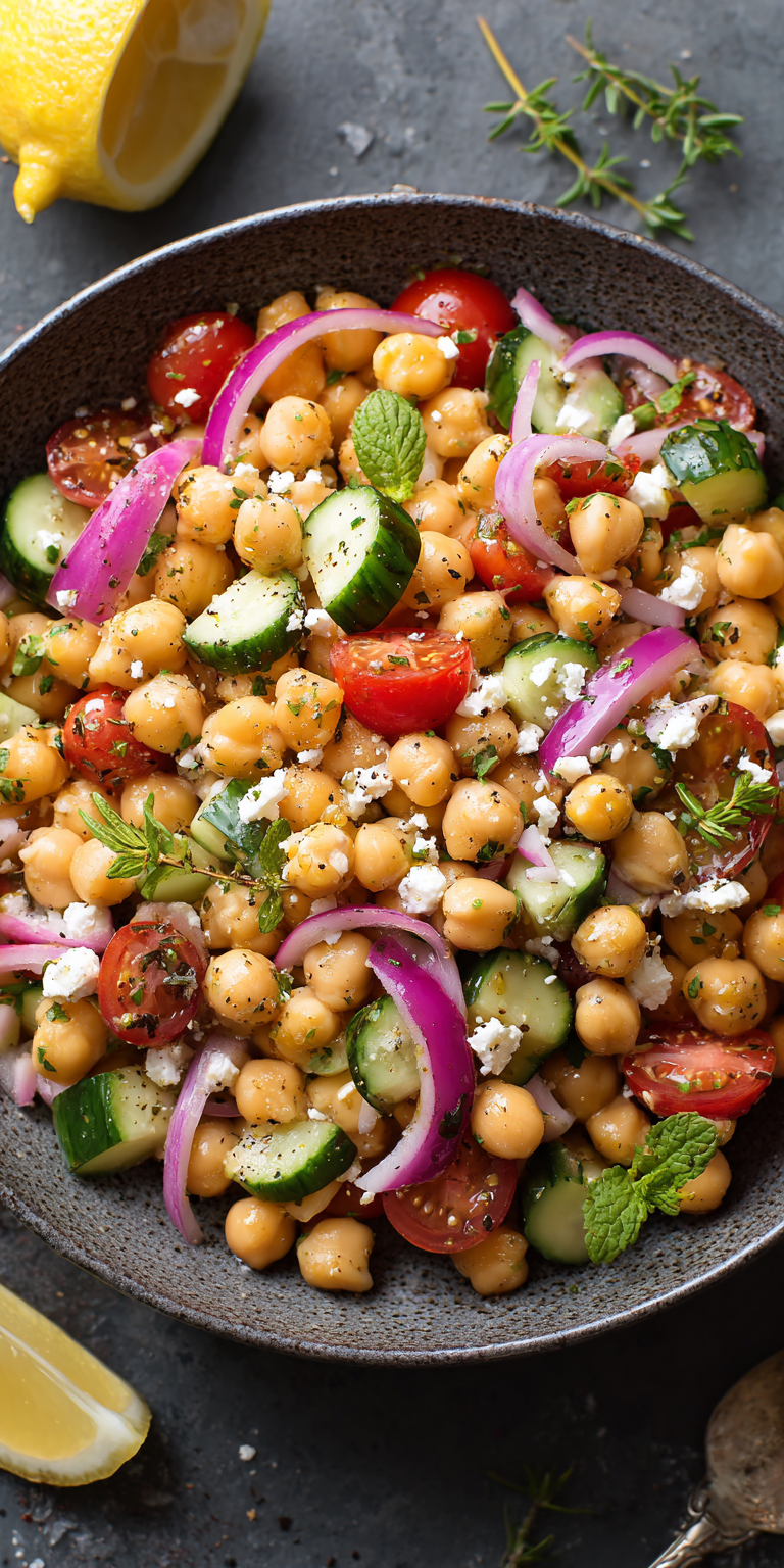 Lemon Herb Mediterranean Chickpea Salad served warm with cozy spices