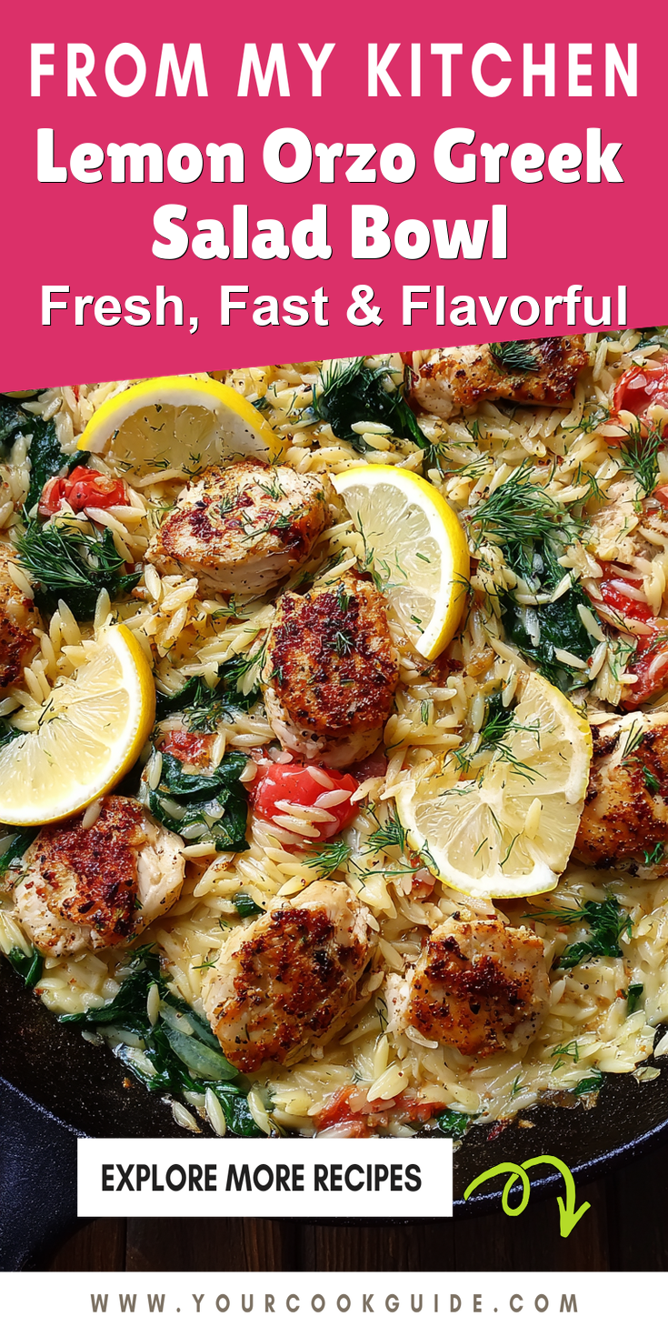 Lemon Orzo Greek Salad Bowl served warm with cozy spices