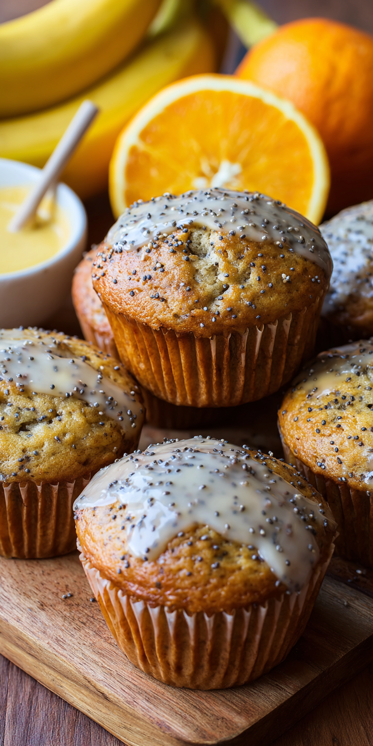 Orange Glazed Banana Poppy Seed Muffins served warm with cozy spices