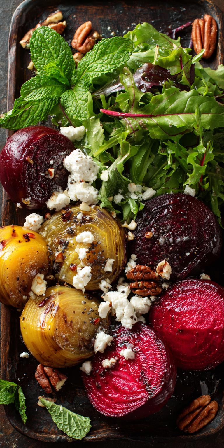 Roasted Beet and Goat Cheese Salad Bowl served warm with cozy spices