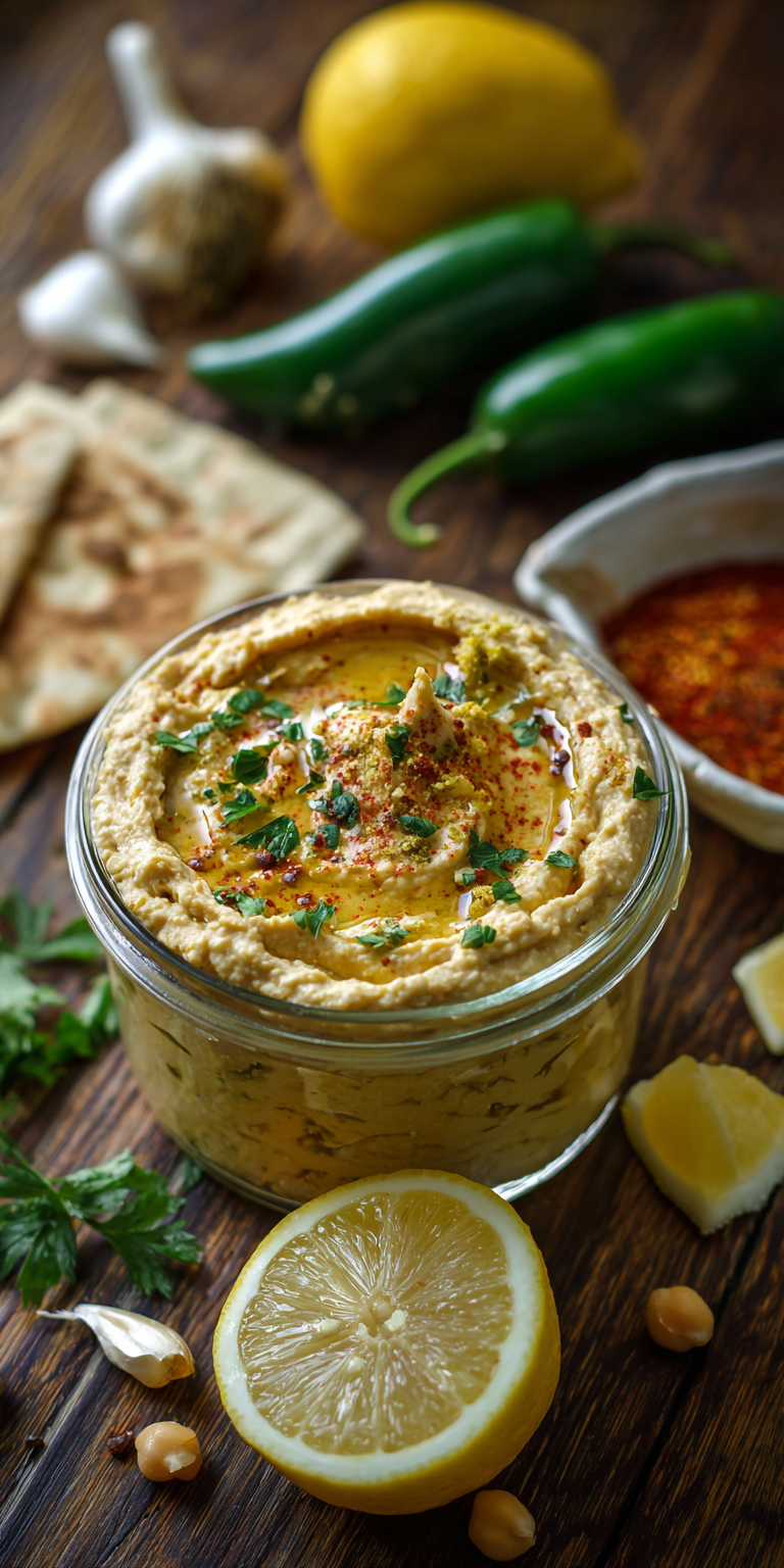 Roasted Jalapeno Hummus Dip served warm with gentle spices and a cozy aroma