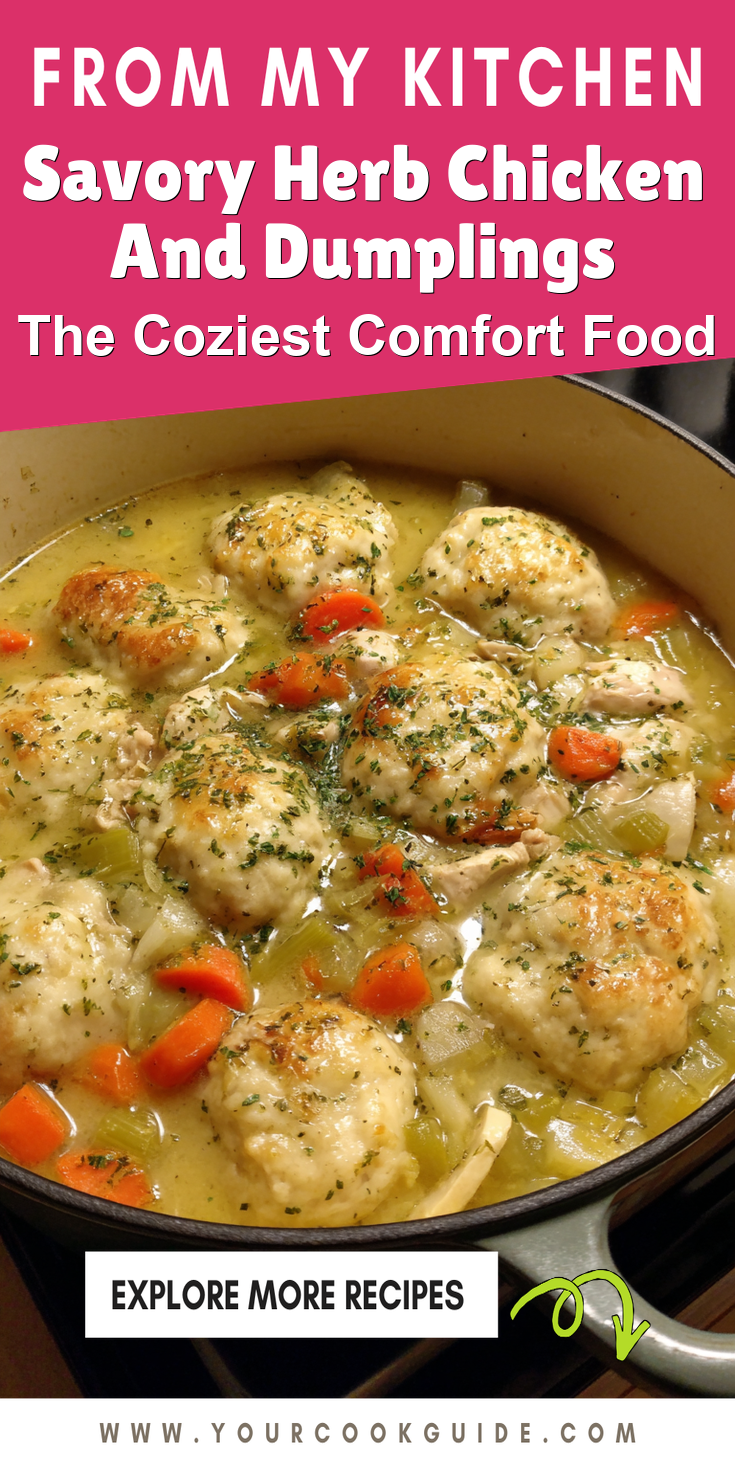 Savory Herb Chicken And Dumplings served warm with cozy spices