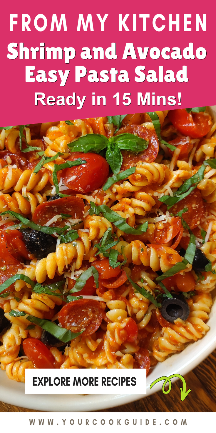 Shrimp and Avocado Easy Pasta Salad served warm with cozy spices