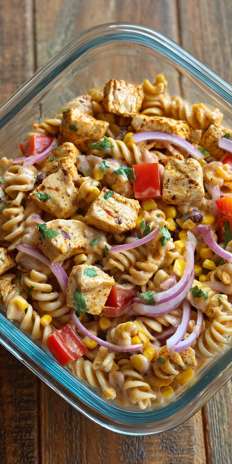 Southwest Chicken Pasta Salad Meal Prep served warm with cozy spices