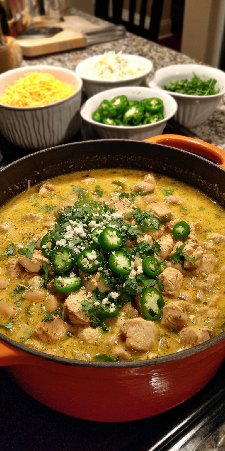 Spicy White Chicken Chili with Jalapenos served warm with cozy spices