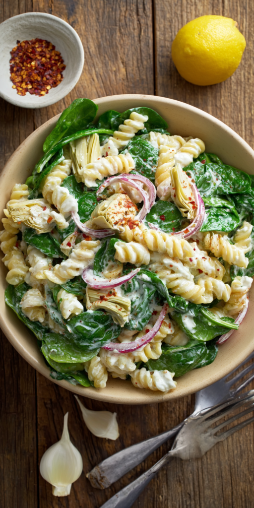 Spinach Artichoke Easy Pasta Salad Recipe