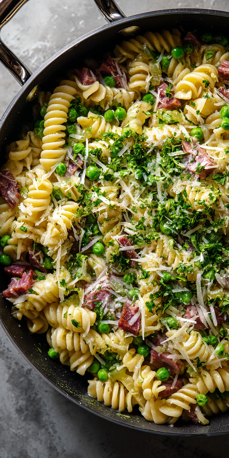 Spring Pea and Pancetta Pasta served warm with cozy spices