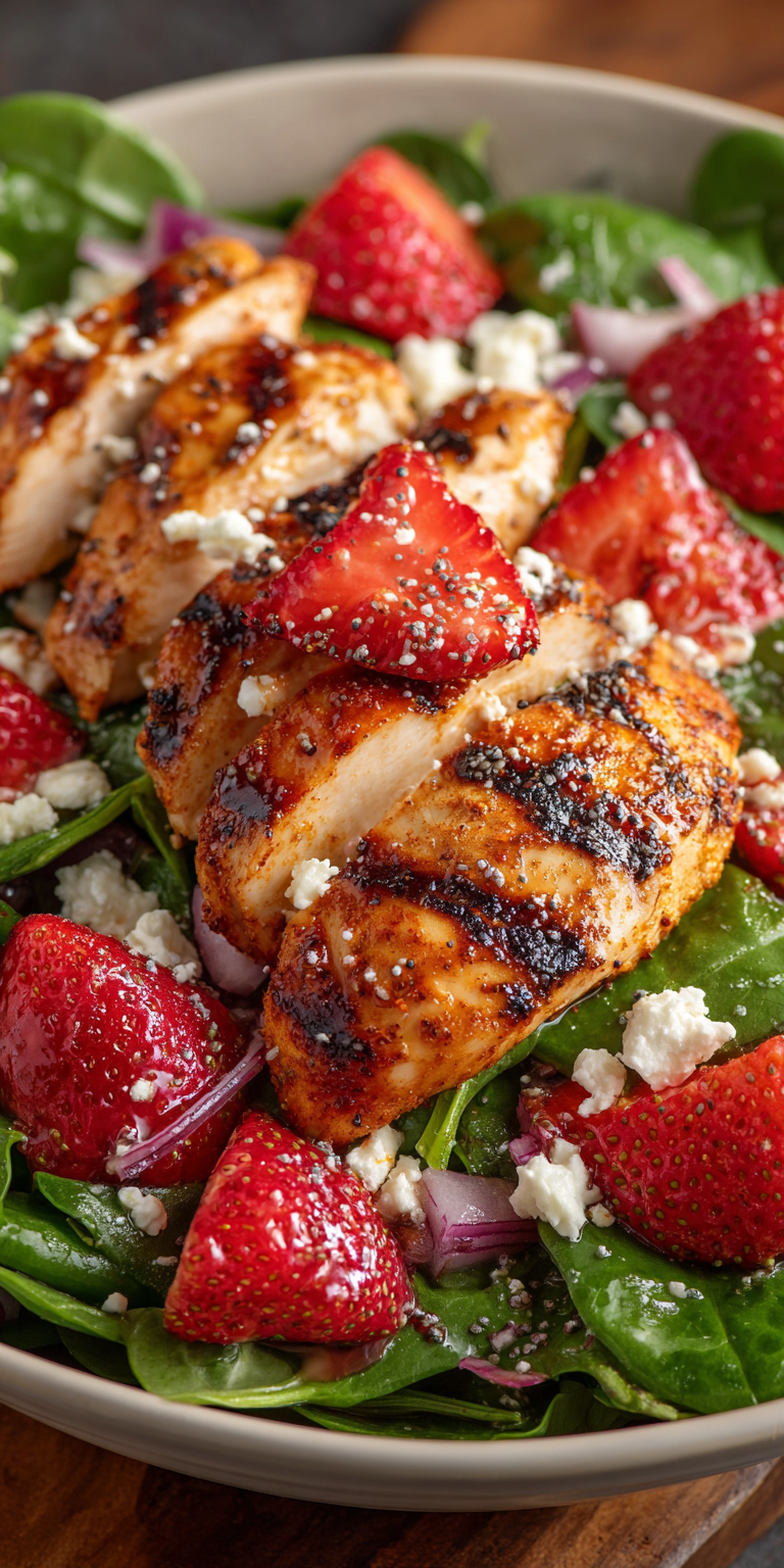 Strawberry Spinach Salad with Grilled Chicken served warm with cozy spices