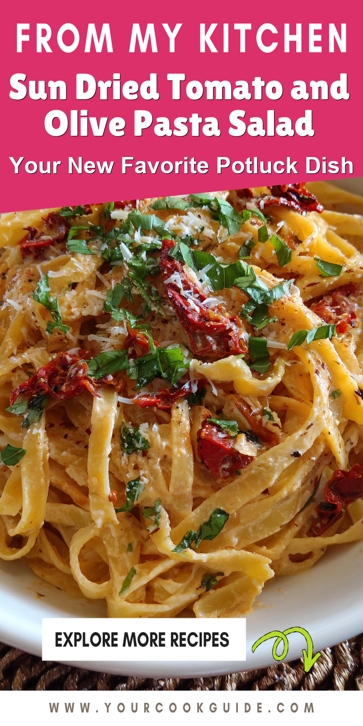 Sun Dried Tomato and Olive Pasta Salad served warm with cozy spices