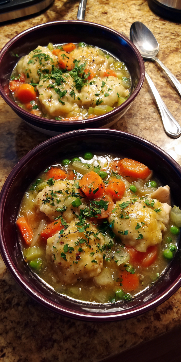 Vegetable Loaded Chicken And Dumplings served warm with cozy spices