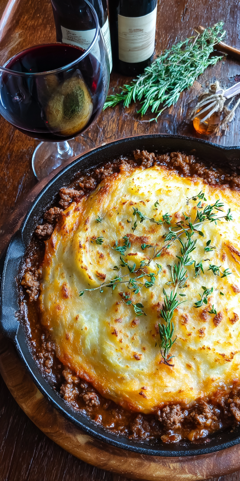 Venison Shepherd's Pie with Beef Broth served warm with cozy spices