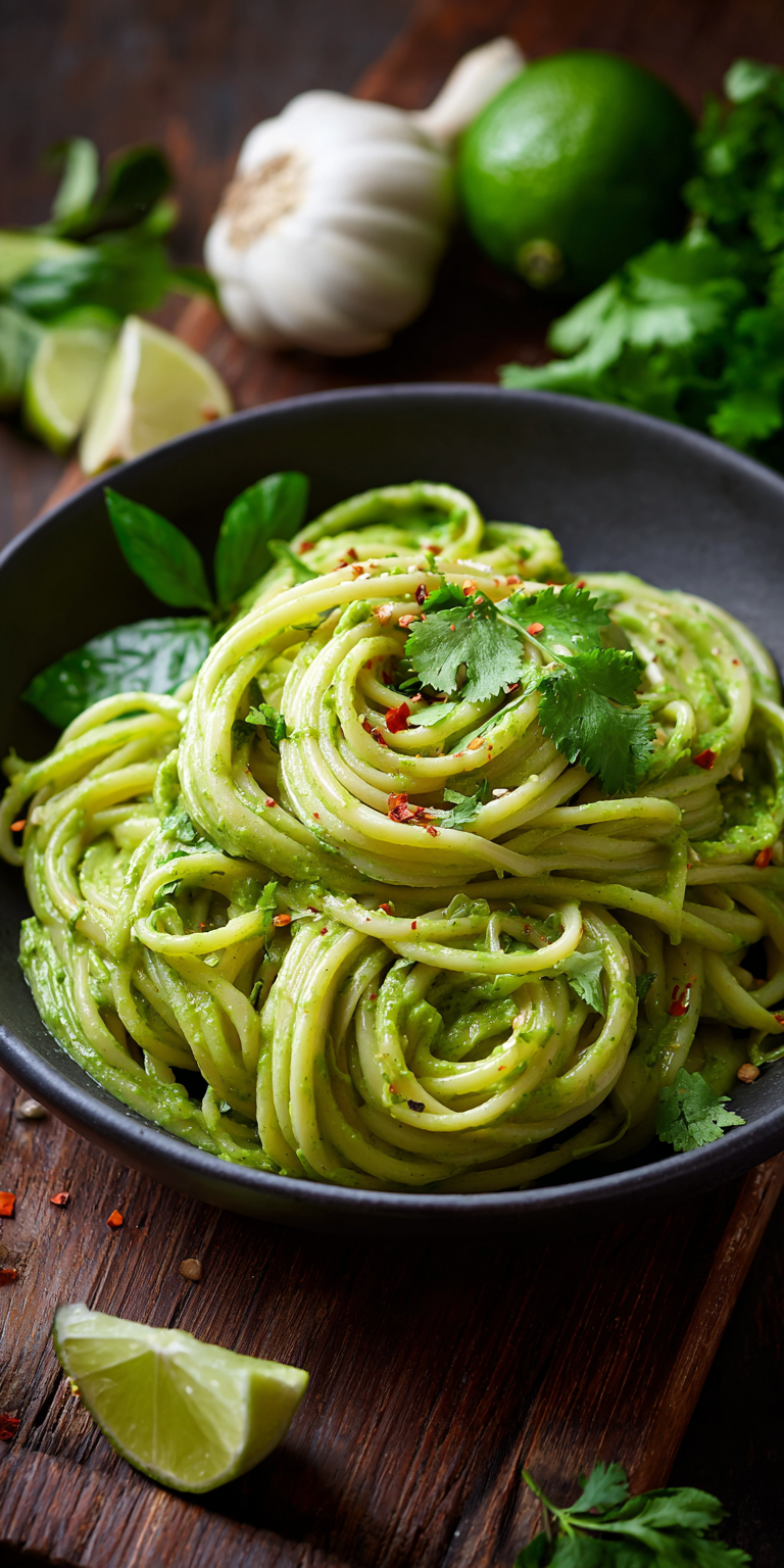 Creamy Avocado Lime Easy Pasta Salad served warm with cozy spices