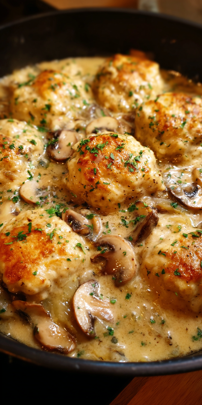 Creamy Mushroom Chicken And Dumplings served warm with cozy spices