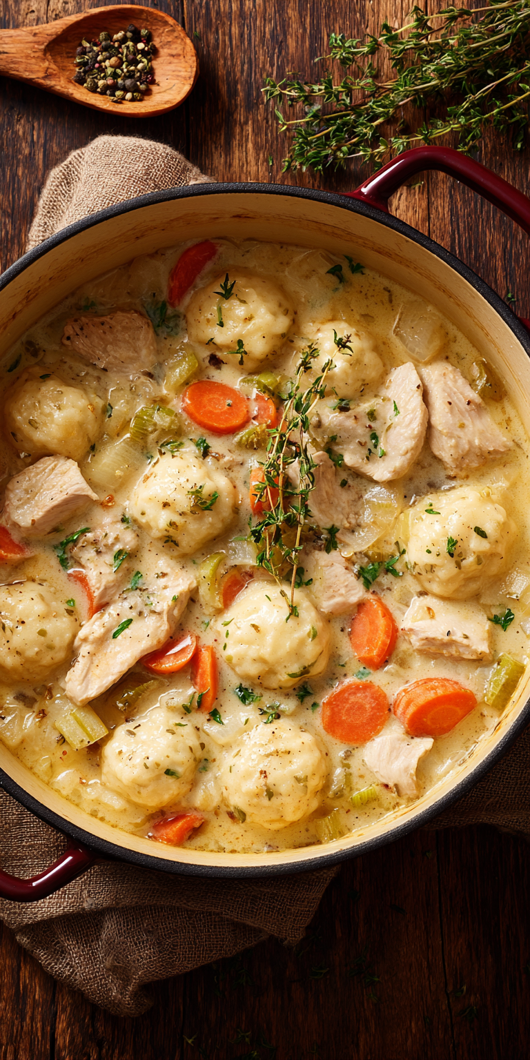 Dutch Oven Chicken And Dumplings served warm with cozy spices
