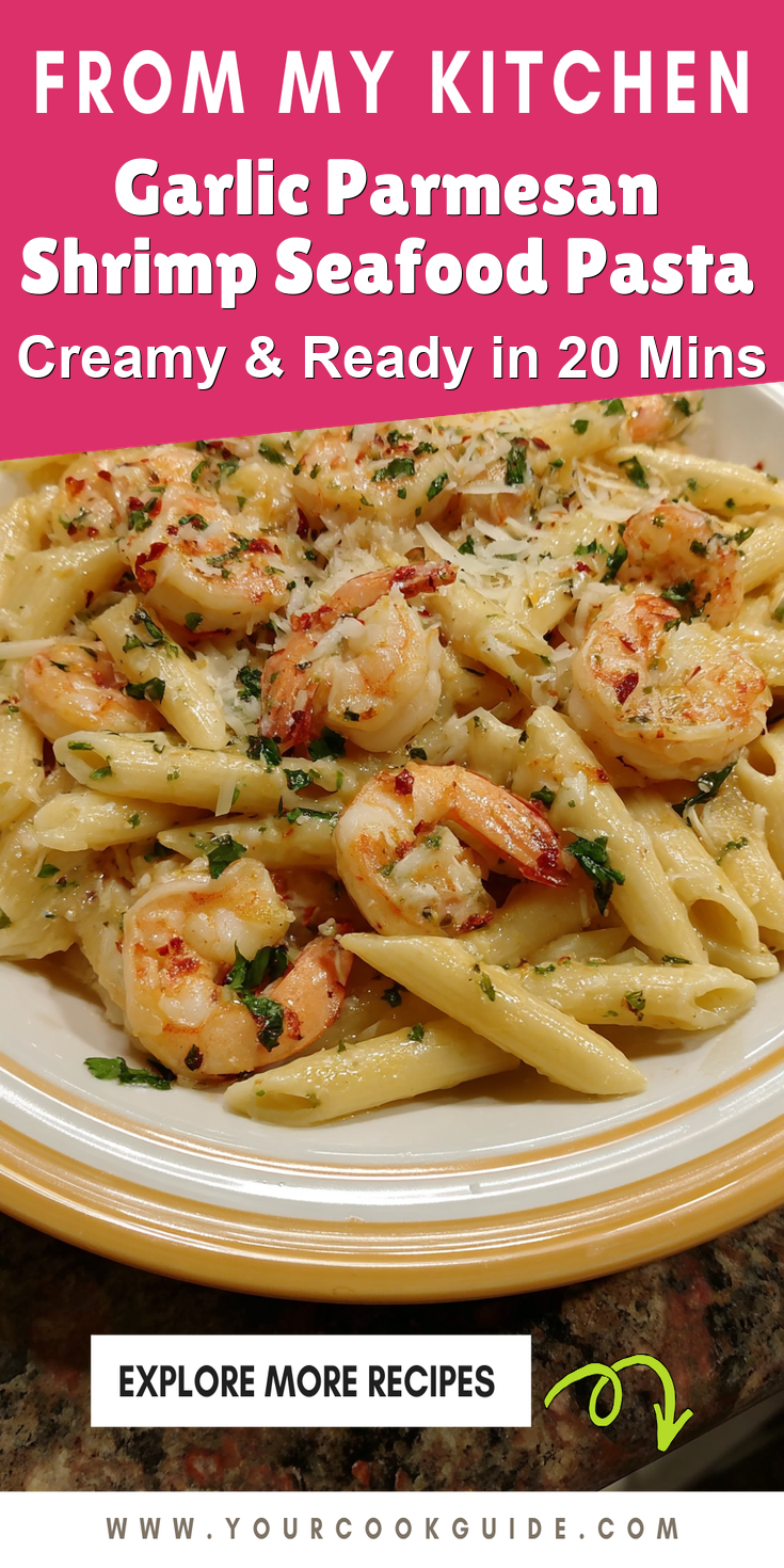Garlic Parmesan Shrimp Seafood Pasta served warm with cozy spices