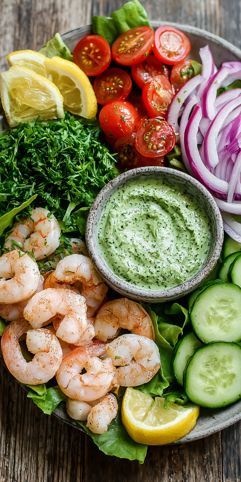 Green Goddess Salad with Shrimp served warm with cozy spices