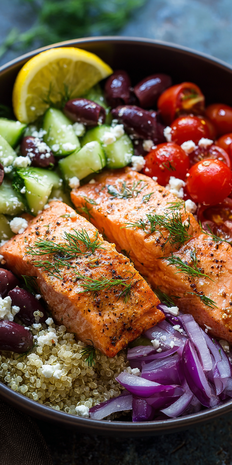 Mediterranean Salmon Quinoa Bowl served warm with cozy spices