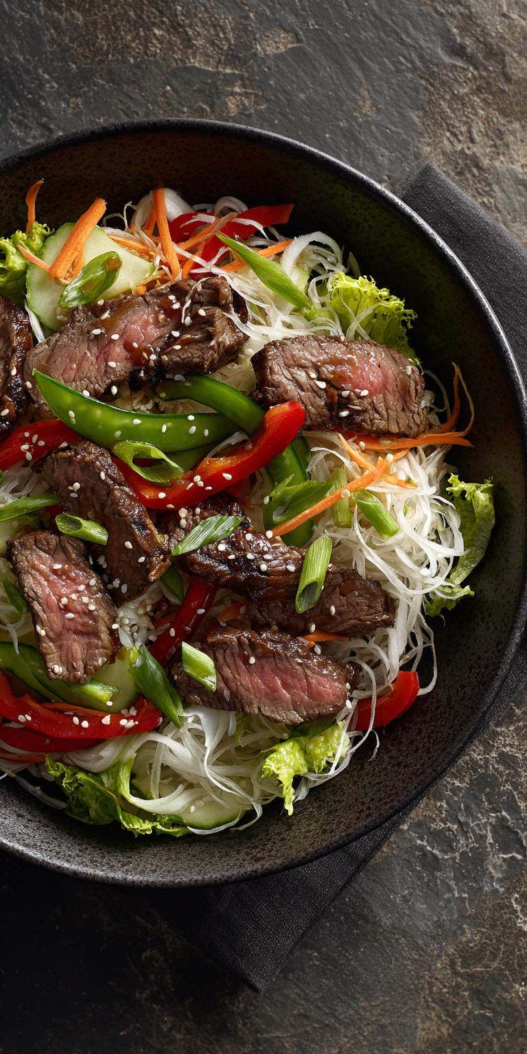 Sesame Ginger Beef Salad Bowl served warm with cozy spices