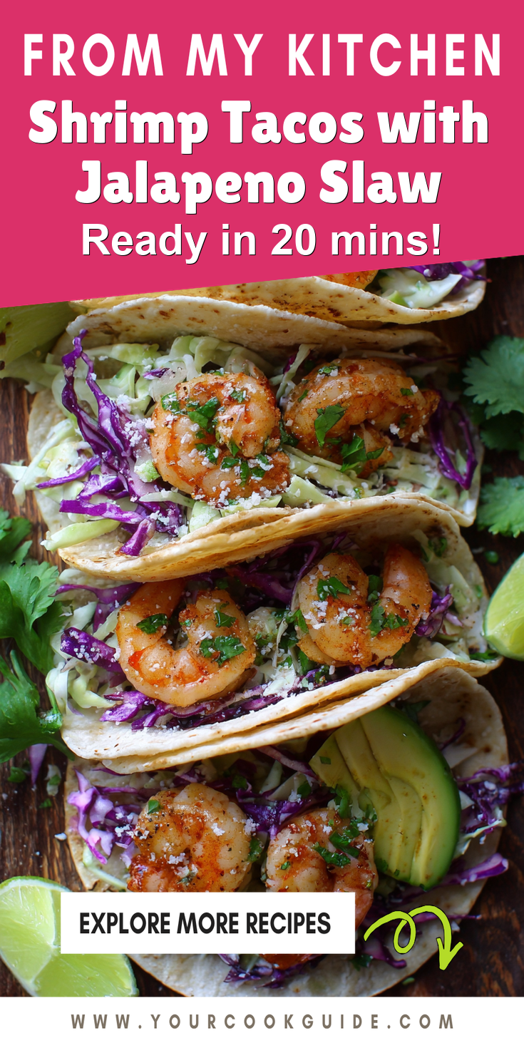 Shrimp Tacos with Jalapeno Slaw served on a plate