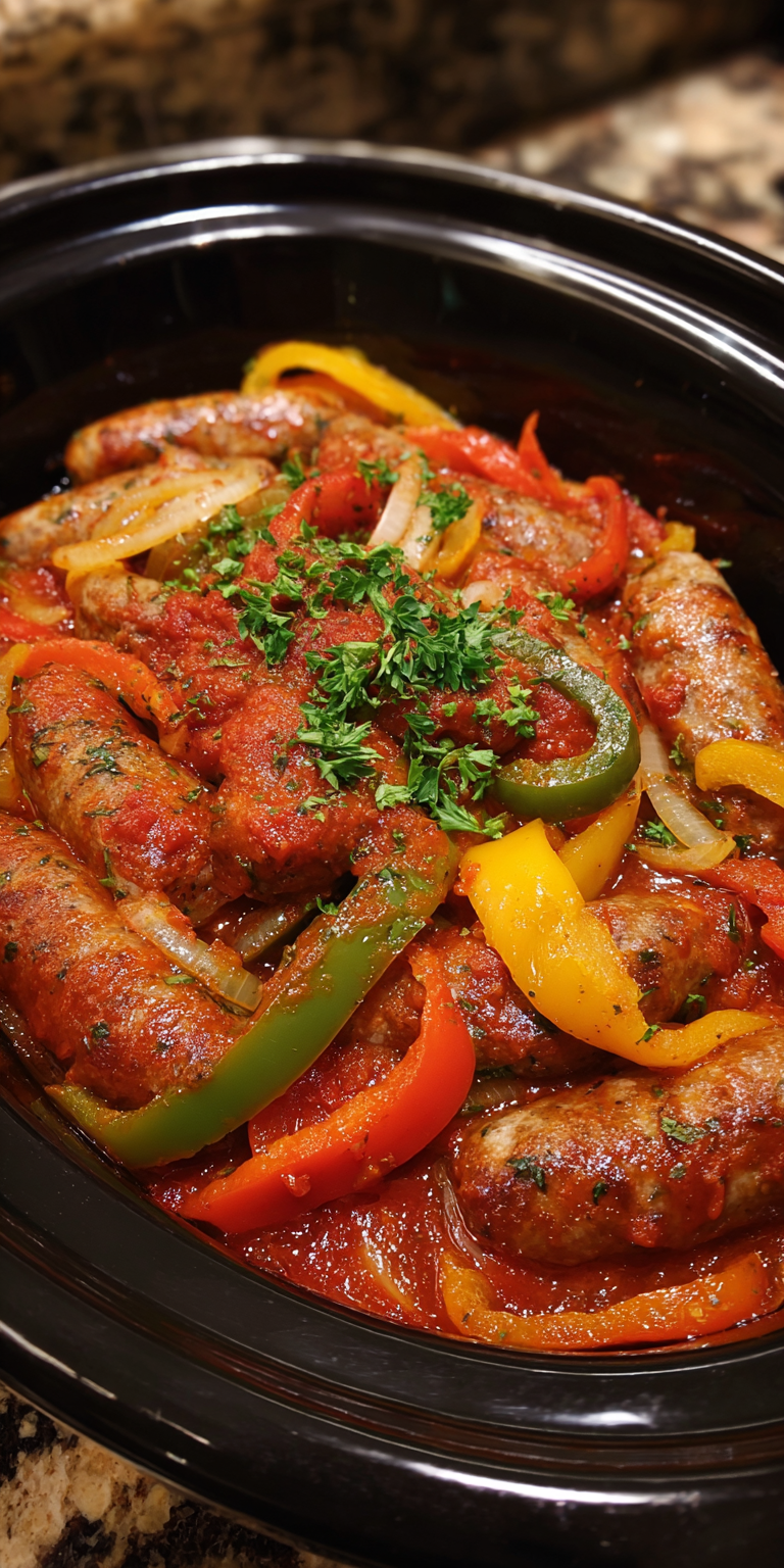 Slow Cooker Sausage and Peppers served warm with cozy spices