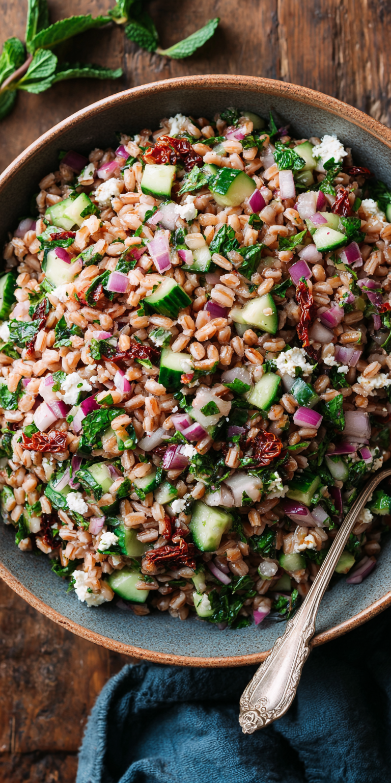 Sun Dried Tomato Farro Salad served warm with cozy spices