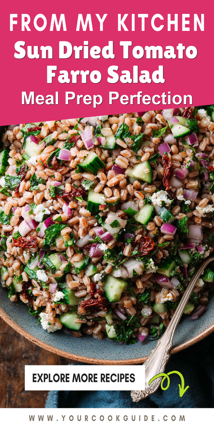 Sun Dried Tomato Farro Salad served warm with cozy spices