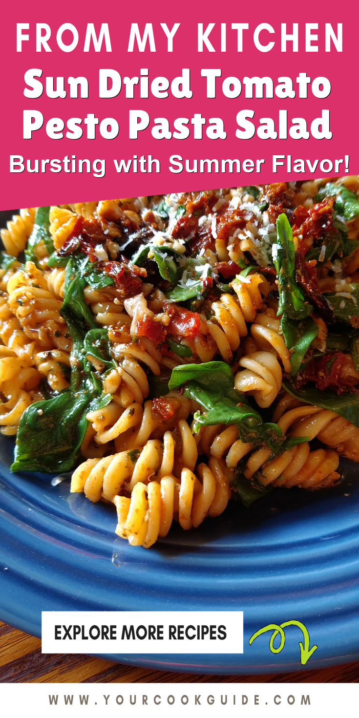 Sun Dried Tomato Pesto Pasta Salad served warm with cozy spices
