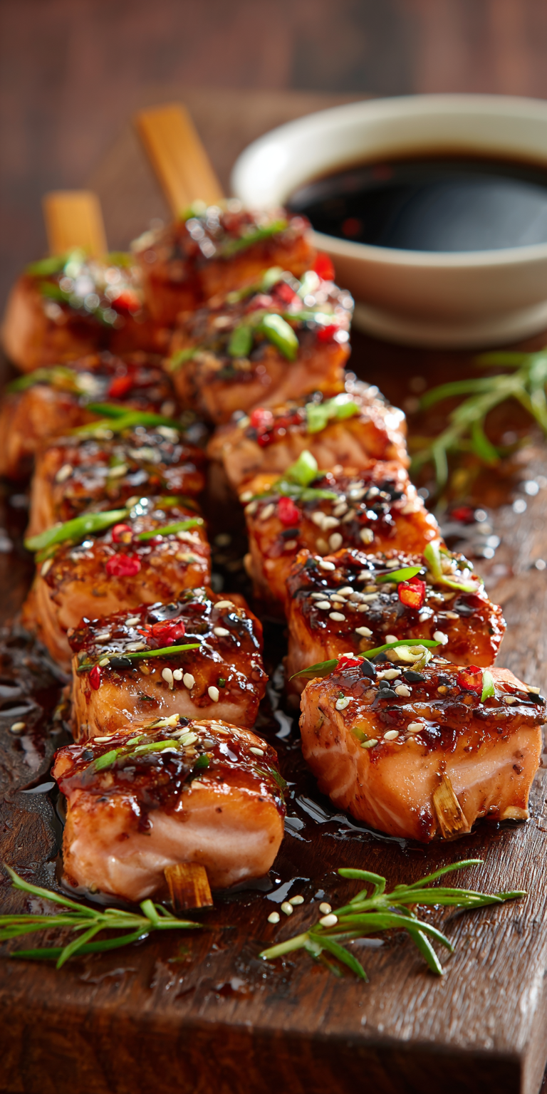 Sweet Chili Salmon Skewers served warm with cozy spices