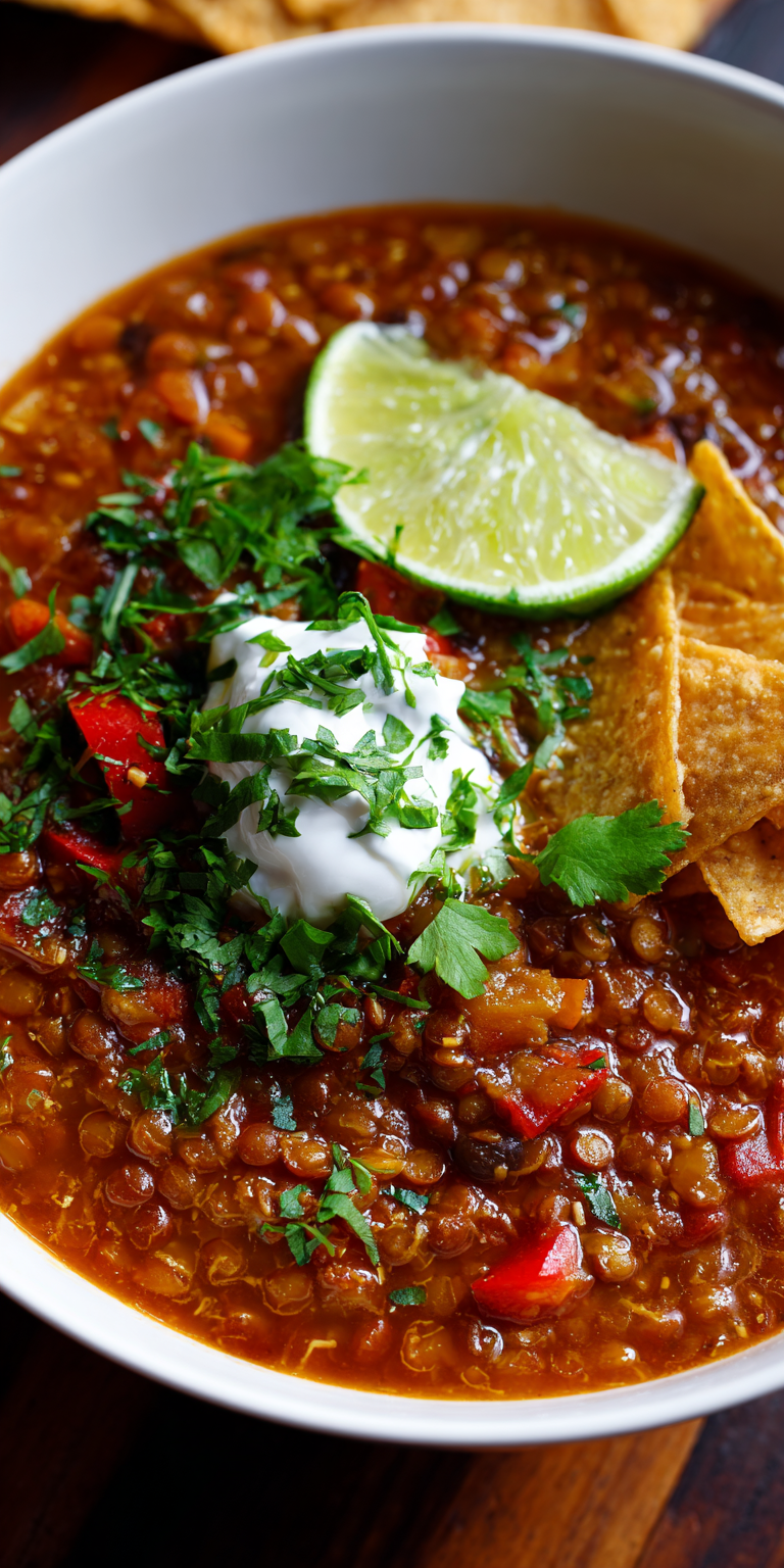 Vegetarian Lentil Tortilla Soup served warm with cozy spices