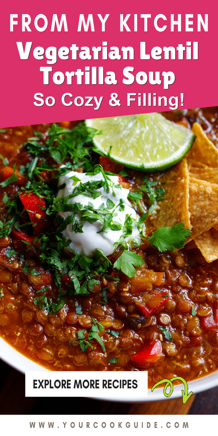 Vegetarian Lentil Tortilla Soup served warm with cozy spices